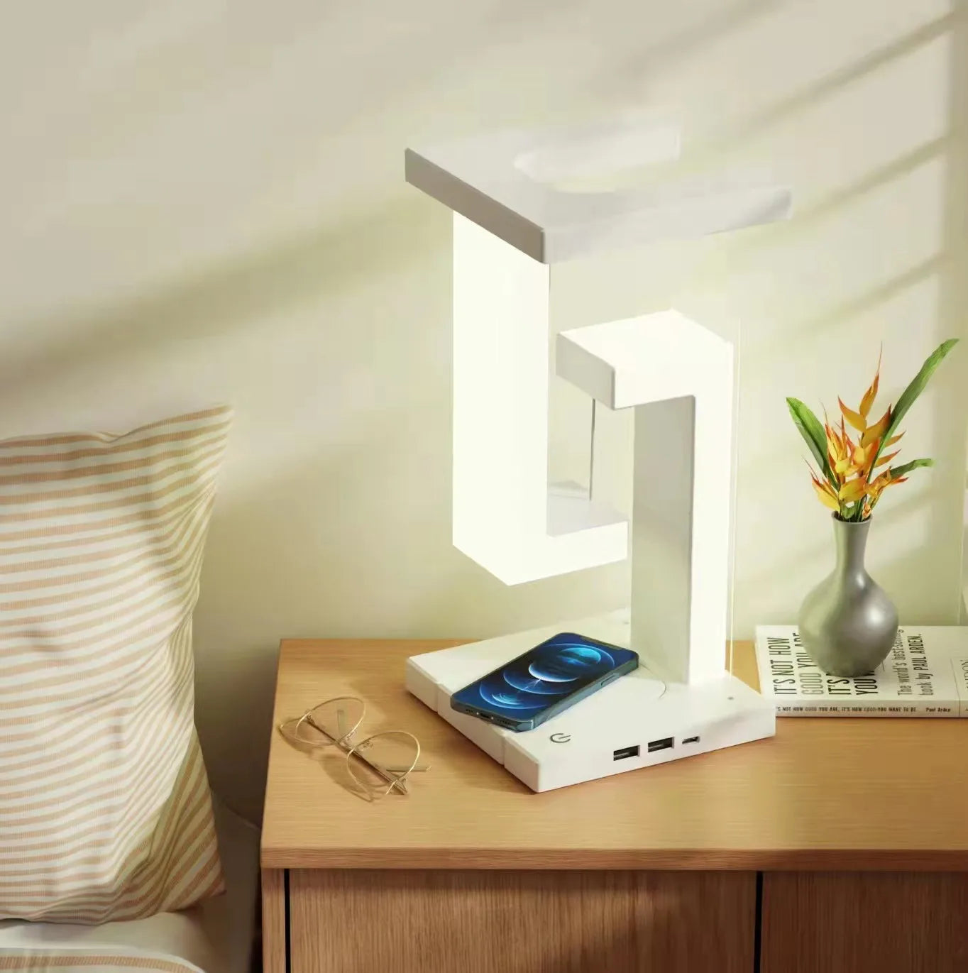 LED anti-gravity night light, Levitating night light, Wireless charger with night light, Modern night light with wireless charging, Anti-gravity LED lamp, Night light with wireless charger, Levitating LED lamp with charger, Touch-control LED night light, Adjustable brightness night light, Wireless charging bedside lamp.