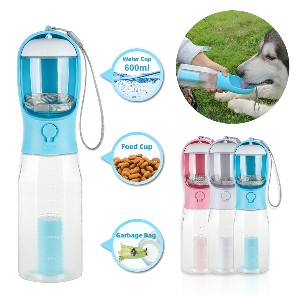 Portable pet water bottle, Pet water and food dispenser, Leak-proof pet water bottle, Travel pet accessories.