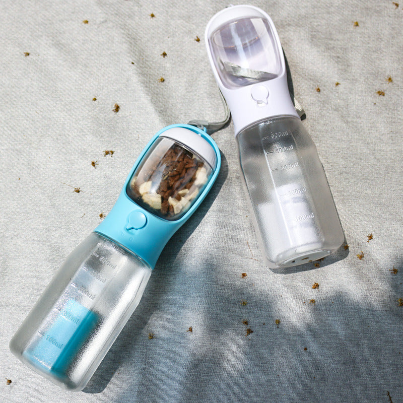 Portable pet water bottle, Pet water and food dispenser, Leak-proof pet water bottle, Travel pet accessories.