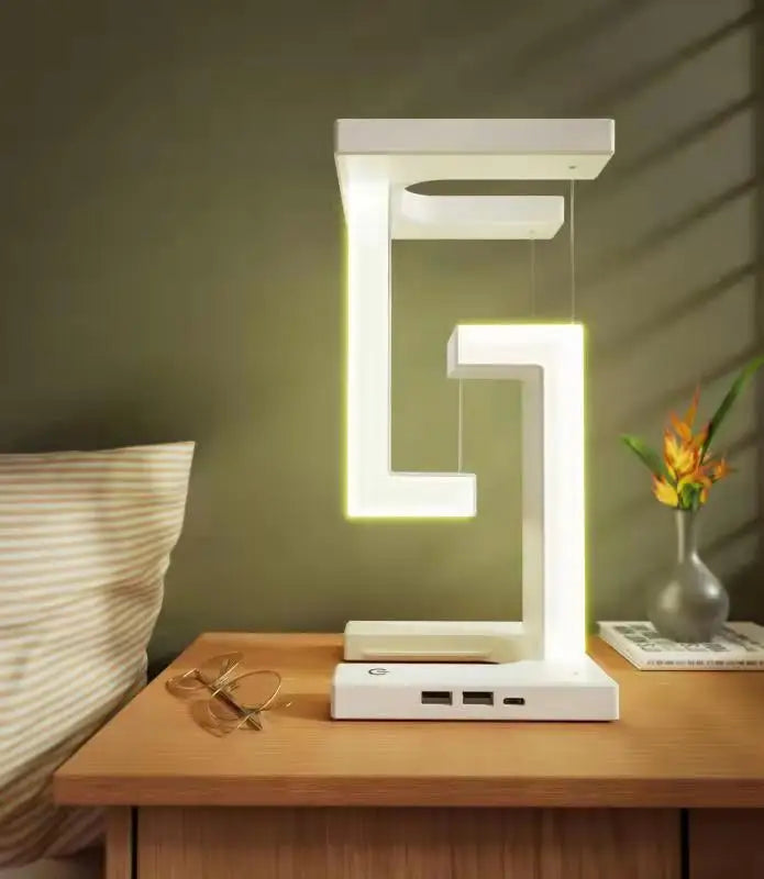 LED anti-gravity night light, Levitating night light, Wireless charger with night light, Modern night light with wireless charging, Anti-gravity LED lamp, Night light with wireless charger, Levitating LED lamp with charger, Touch-control LED night light, Adjustable brightness night light, Wireless charging bedside lamp.